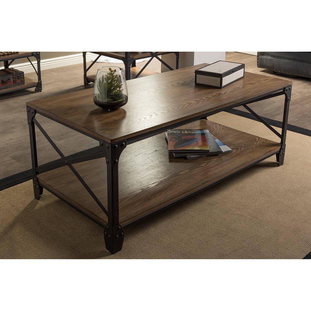 Baxton Studio 48 in. Brown Large Rectangle Wood Coffee Table with Shelf ...