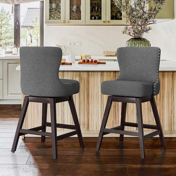 OrangeOne Zola 26 in. Gray Fabric Wood Frame Upholstered Swivel Bar Stool (Set of 2)