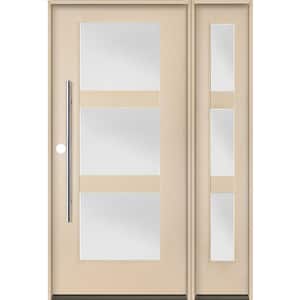 Modern Faux Pivot 50 in. x 80 in. 3-Lite Right-Hand/Inswing Satin Glass Unfinished Fiberglass Prehung Front Door w/RSL