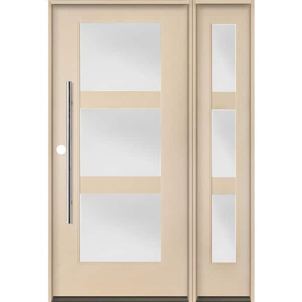 Krosswood Doors Modern Faux Pivot 50 in. x 80 in. 3-Lite Right-Hand/Inswing Satin Glass Unfinished Fiberglass Prehung Front Door w/RSL