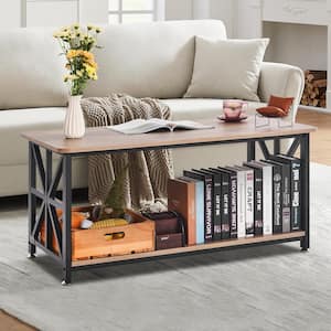 40 in. Farmhouse Coffee Table, Rectangle Coffee Table w/Open Storage Compartment, Wooden Rustic Table, Brown and Black