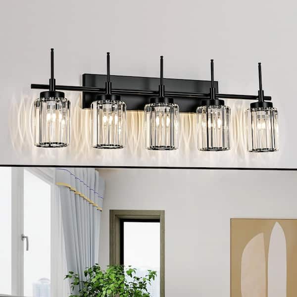 EDISLIVE Orillia 34.64 in. 5-Light Modern Industrial Black Bathroom Vanity Light with Crystal Cylinder Shades