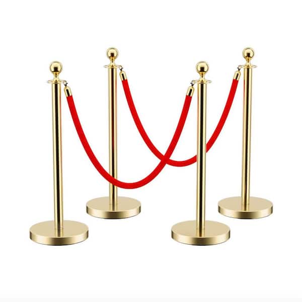 4-Piece Stainless Steel Gold Stanchions with Red Velvet Rope 5 ft. Crowd Control Barrier with Ball Top