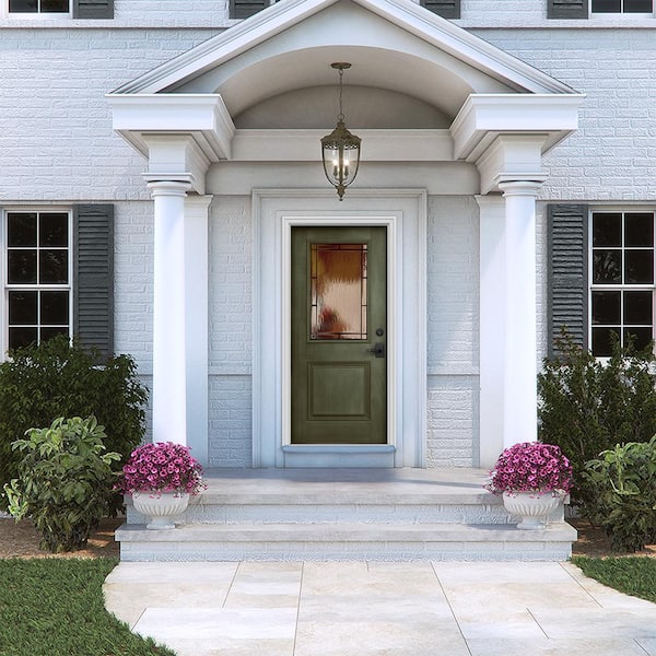 36 in. x 80 in. Left-Hand 1/2-Lite Wendover Juniper Stained Fiberglass Prehung Front Door with Brickmould