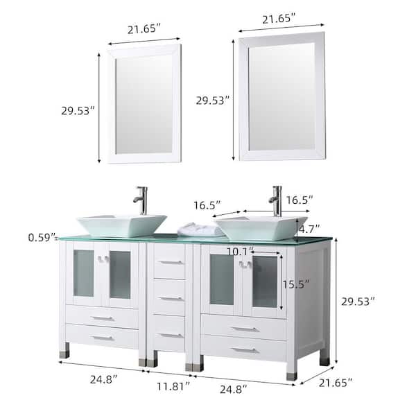 60.6 in. D x 21.3 in. W x 29.5 in.H Double Sink White Bathroom Vanity Big Storage Bathroom Vanity Green Glass Top Mirror