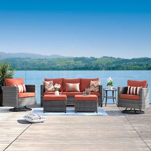 Positano Gray 6-Piece Wicker Patio Conversation Set with Orange Red Cushions and Swivel Rocking Chairs