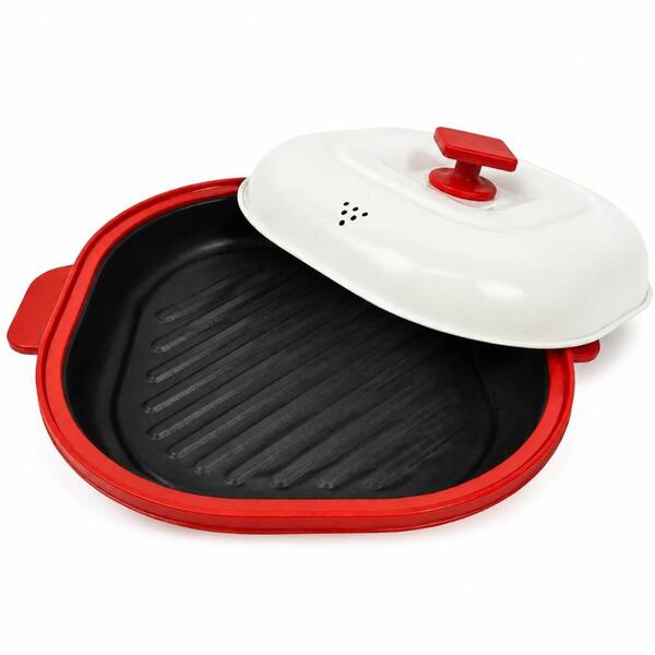Microwave Grill Pan with Lid 10.55 x 9.13 in Multi-Use Crisper for Grilling, Frying, and Browning in Red