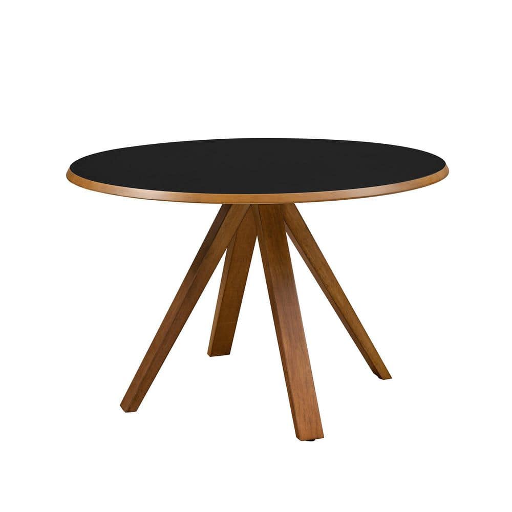 Welwick Designs 48 in. Round Black/English Oak Mid-Century Modern Wood-Top Dining Table with Beveled Edge (Seats 4-6) -  HD9475