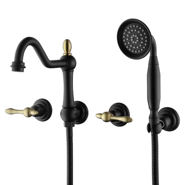 Vintage Double Handle Wall Mount Roman Tub Faucet with Hand Shower in Black & Gold