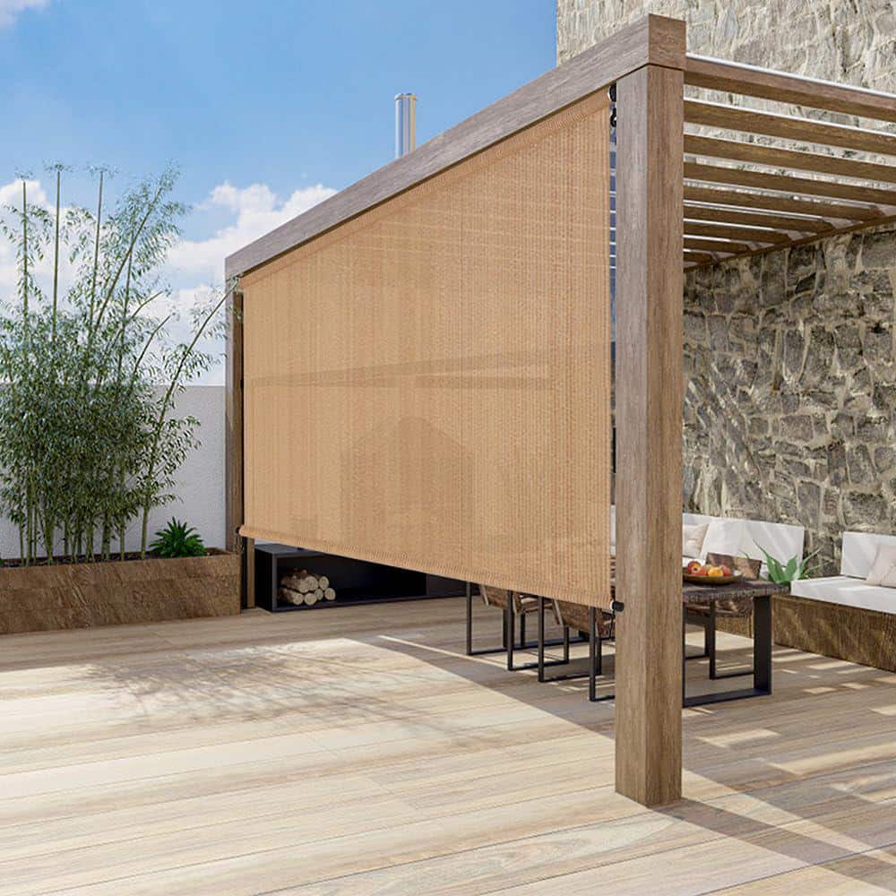 Walnut Cordless Roll-Up Outdoor Fabric Shade, 6' x 6'