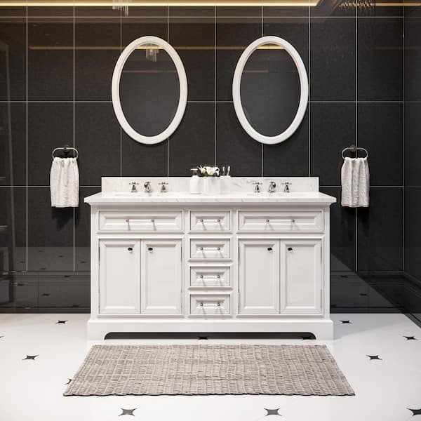 Water Creation 60 in. W x 22 in. D Bath Vanity in White with Marble Vanity Top in Carrara White and Chrome Faucet with White Basin