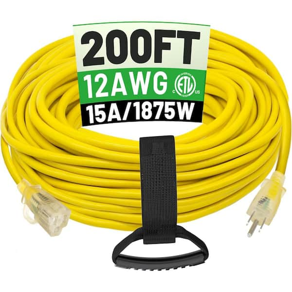 200 ft. 12/3 Outdoor Extension Cord with Lighted Indicator SJTW ETL Listed, Yellow (1-Pack)