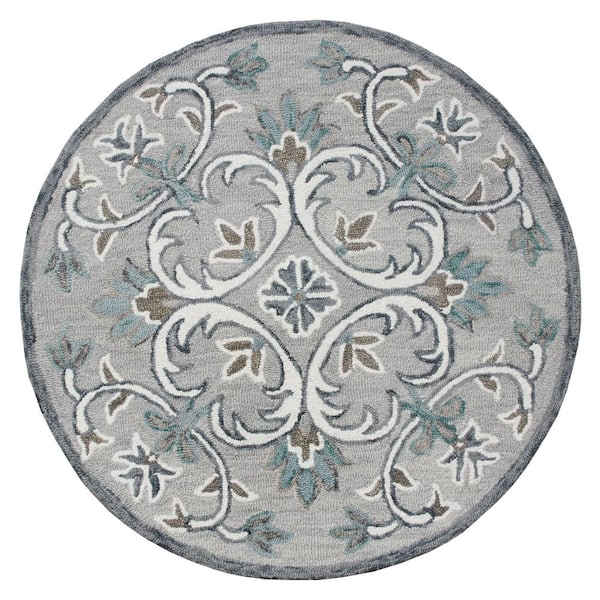 Unbranded Suzy Traditional Gray/Blue/White 4 ft. Round Floral Filigree Wool Area Rug