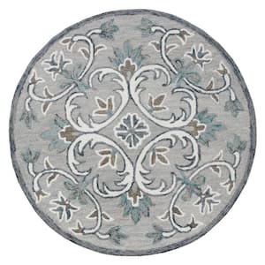 Suzy Traditional Gray/Blue/White 6 ft. Round Floral Filigree Wool Area Rug
