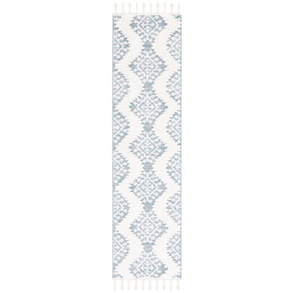 Moroccan Tassel Shag 2 ft. x 6 ft. Teal/Ivory Geometric Zig-Zag High-Low Runner Rug