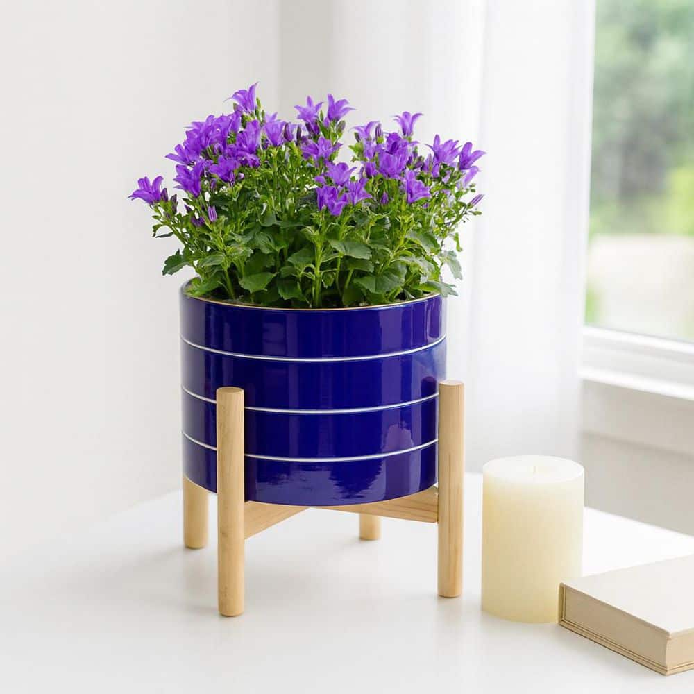 Liv & Skye Navy Ceramic Striped Planter (8 in. W x 6 in. H) with