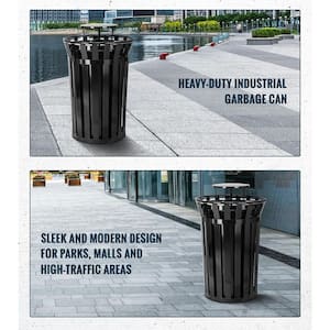 38 gal. Black Metal Slatted Outdoor Commercial Trash Can Receptacle with Rain Bonnet Lid and Liner