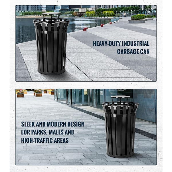 38 gal. Black Metal Slatted Outdoor Commercial Trash Can Receptacle with Rain Bonnet Lid and Liner