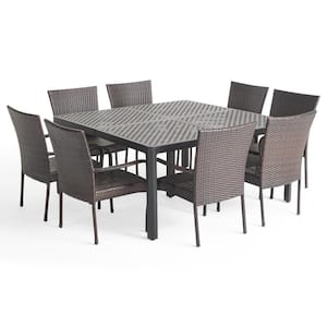 Bullpond Matte Black and Multibrown 9-Piece Aluminum and Wicker Square Table Outdoor Patio Dining Set