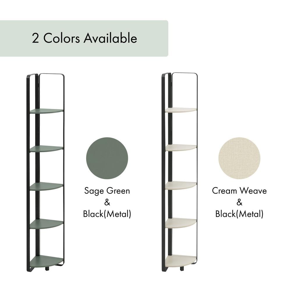 Naija Sage Green 71" Minimalist Corner Bookcase with Black Metal Frame