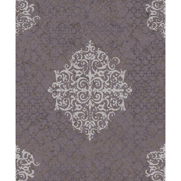 Unbranded Luster Collection Purple/Silver Embossed Damask Metallic Finish Paper on Non-Woven Non-Psted Wallpaper Roll