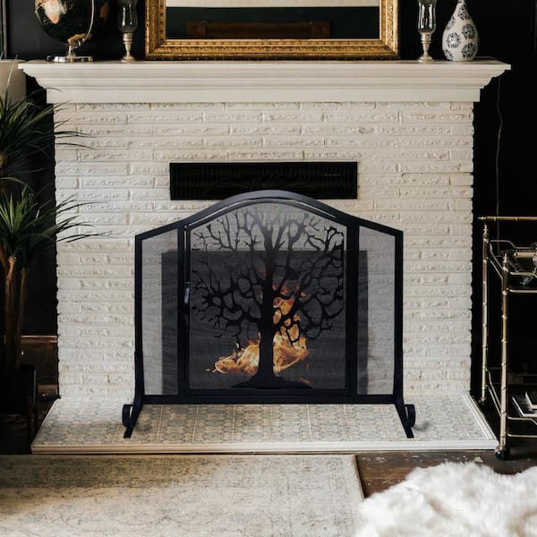 THE URBAN PORT Black Iron Tree of Life Art 3-Panel Fireplace Screen with Mesh Design and Arched Top