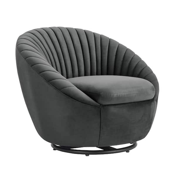 Armen Living Bella Dark Grey Velvet Swivel Arm Chair with Black Base