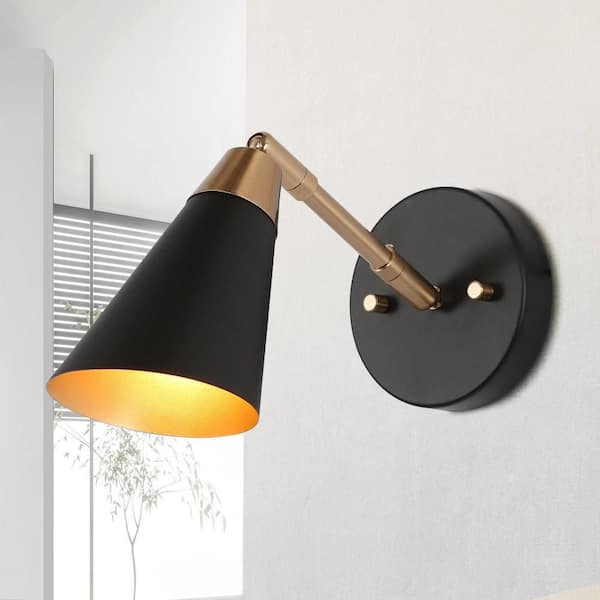 Flumie 1-Light Industrial Black Indoor Wall Sconce Modern Brass Vanity Light Adjustable Head with Cone Metal Shade