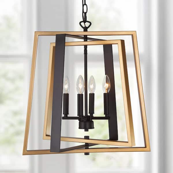 Uolfin Gold Island Large Pendant Light, 20" 4-Light Modern Black Candlestick Cage Chandelier with Rotatable Frame