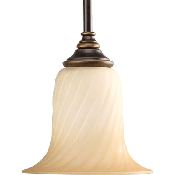 Progress Lighting Kensington Collection 1-Light Forged Bronze Mini Pendant with Frosted Caramel Swirl Glass