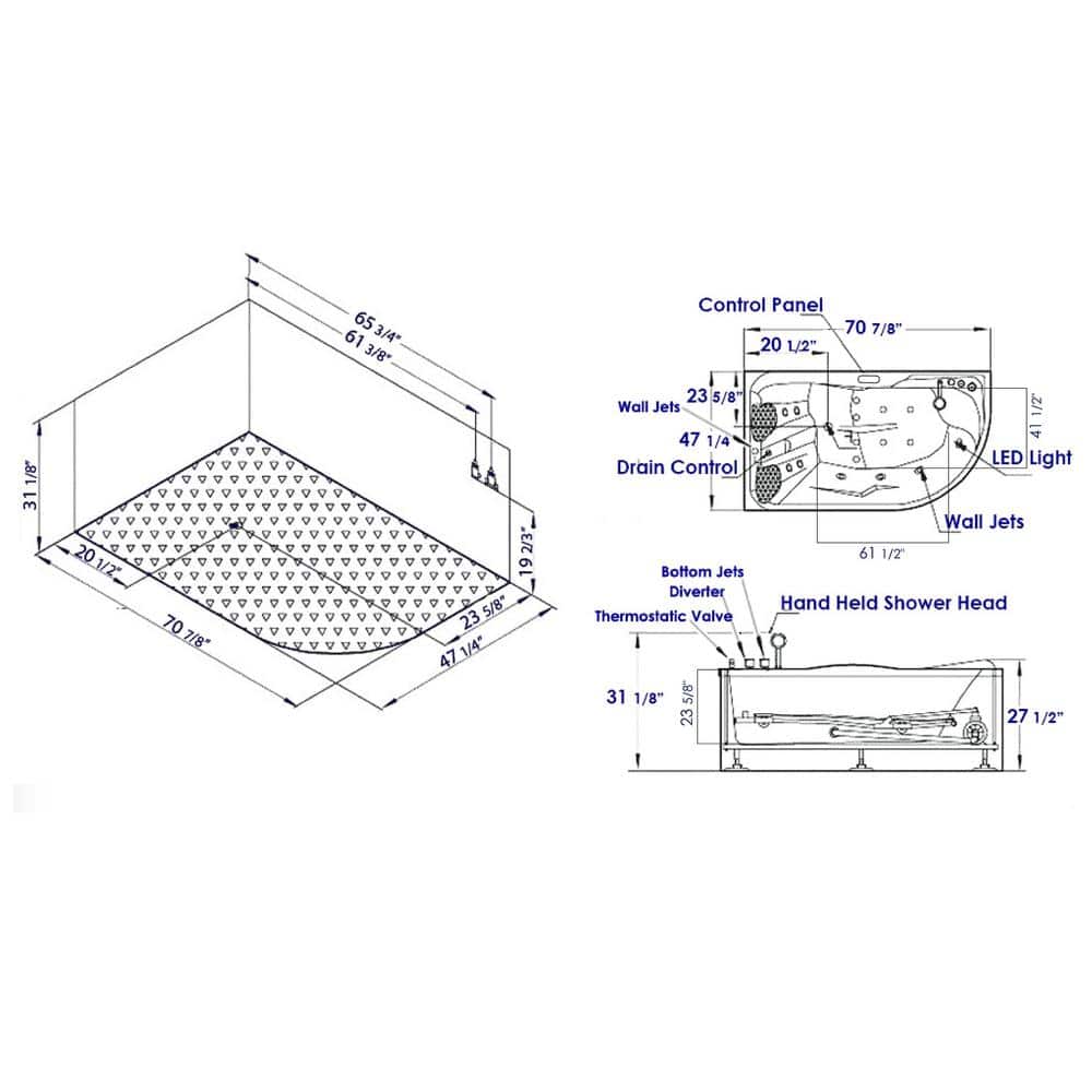 70.9'' White Acrylic Corner Whirlpool Bathtub with Faucet