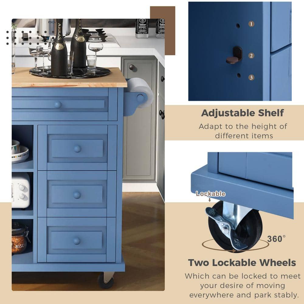Blue Wood 53" Rolling Kitchen Cart with Spice Rack and Storage