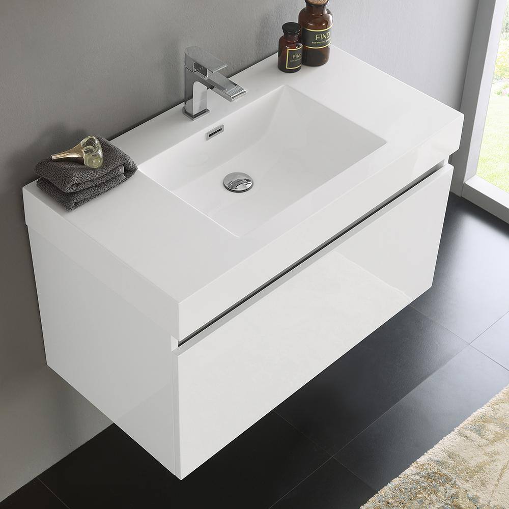 Glossy White 36" Wall-Mounted Single Sink Vanity with Acrylic Top