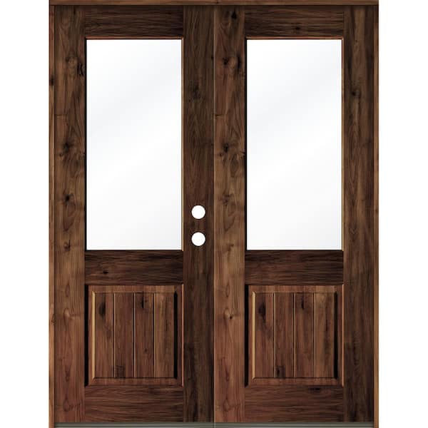 Krosswood Doors 64 in. x 96 in. Rustic Knotty Alder Wood Clear Half-Lite red mahogony Stain/VG Left Active Double Prehung Front Door