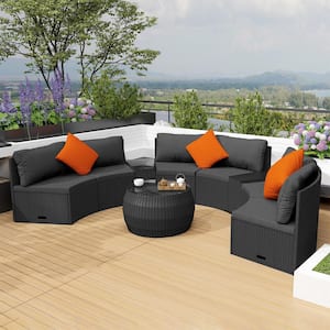 Black 6-Piece Patio Wicker Outdoor Sectional Sofa Set with 3 Pillow and Dark Gray Cushions
