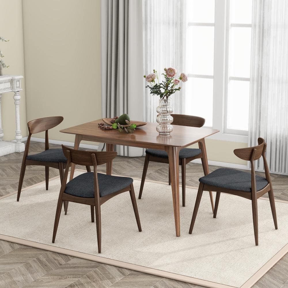 5-Piece Walnut Wood Top Dining Table Set Seating 4 with Charcoal Cushions