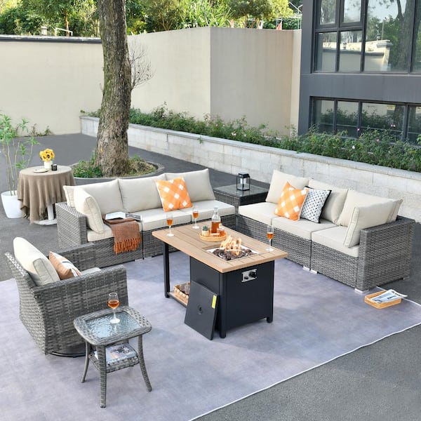 Hooowooo Messi Gray 10 Piece Wicker Outdoor Fire Pit Patio Conversation Sectional Sofa Set With 3099