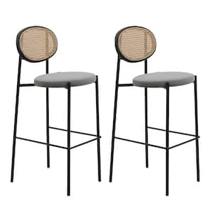 LeisureMod Euston Modern 29.5 in. Wicker Bar Stool with Black Powder Coated Steel Frame and Footrest, Set of 2 (Grey)