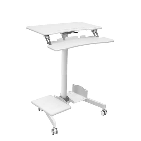 mount-it! 28 in. Height Adjustable Rectangular White MDF Mobile Computer Cart Rolling Desk with 2-Shelves for CPU and Printer