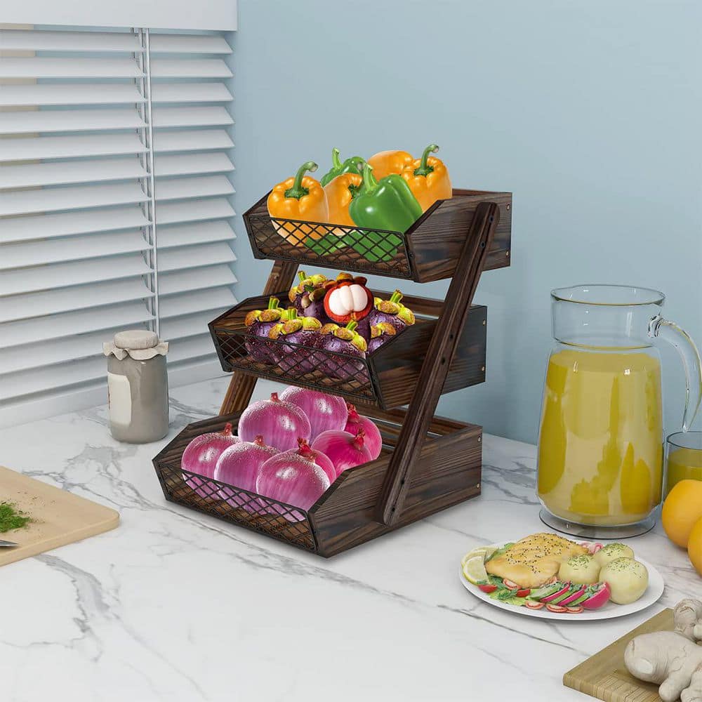 Wudkey 3-Tier Fruit Basket, Fruit Bowl for Kitchen Counter, Wooden
