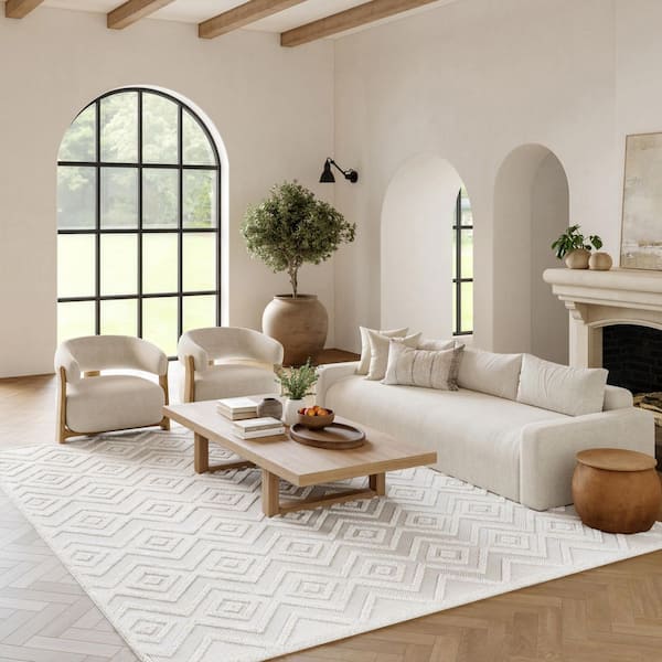 Versatile Ivory/White 9 ft. x 12 ft. Diamond Geometric Indoor Outdoor Area Rug
