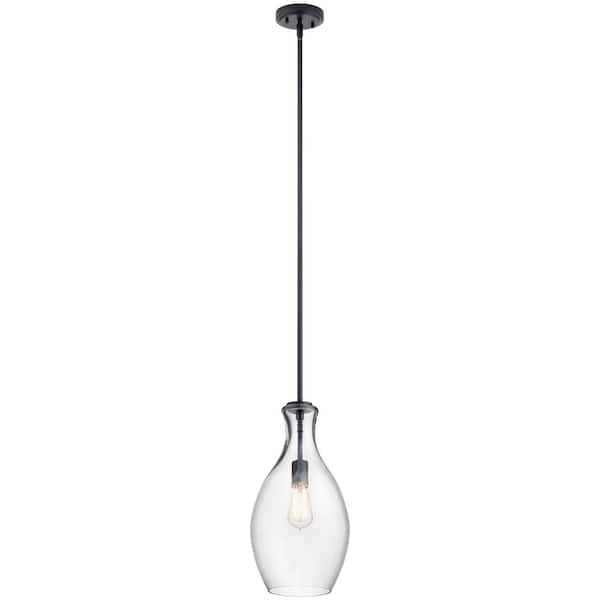 KICHLER Everly 17.75 in. 1-Light Black Transitional Shaded Kitchen Pendant Hanging Light with Clear Glass