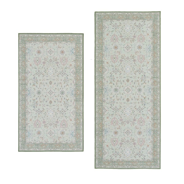 Aure Chenille Sage 2 ft. x 5 ft. Woven Floral Polyester 2-Piece Rug Set