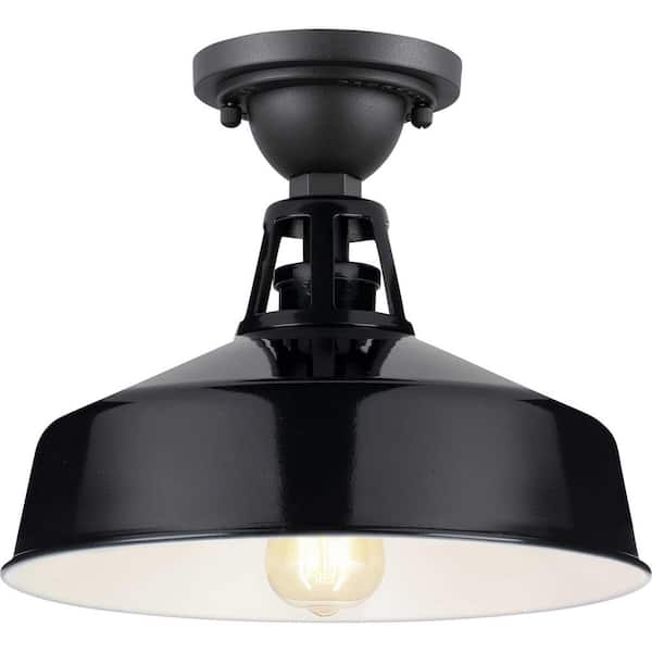 Progress Lighting Perry Court 1-Light Gloss Black Outdoor Industrial Semi-Flush Mount Ceiling Light