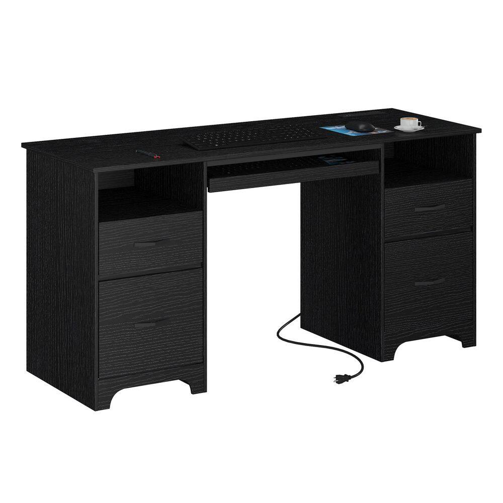 59" Rectangular Black Computer Desk with Drawers and Power Outlet, Home Office Desk with Keyboard Tray