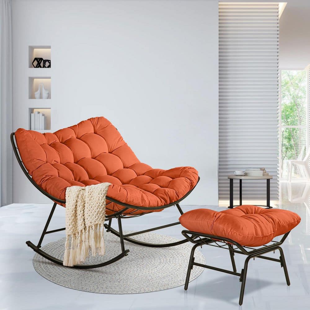 JUSKYS Black Metal Oversized Outdoor Rocking Papasan Chair with