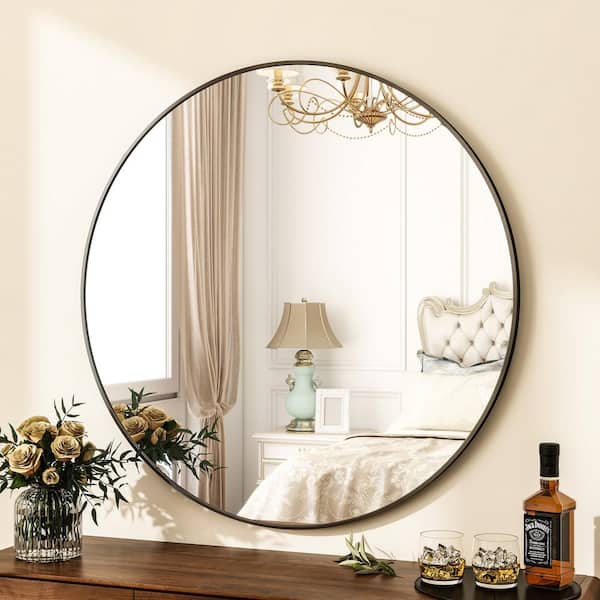 XRAMFY 35.4 in. W x 35.4 in. H Round Black Aluminum Alloy Framed Wall Mirror