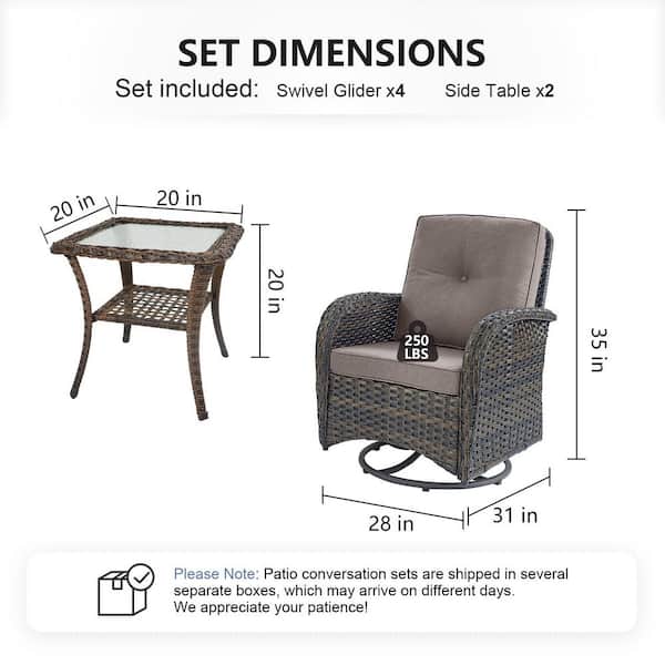Sleek Arm 6-Piece Brown Wicker Patio Conversation Set with Olefin Gray Cushions Patio Swivel Chairs and Side Table
