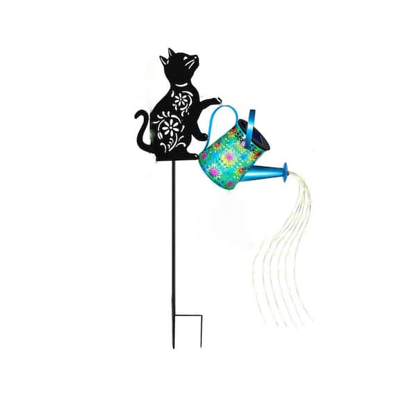 8 in. x 33 in. Blue Metal Black Cat Solar Watering Can Lights