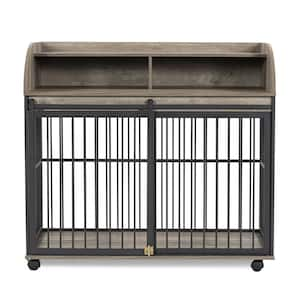 44 in. Heavy Duty Large Dog Crate Furniture for Large Medium Dog with Lockable Wheels, Wooden Dog Crate Dog Kennel